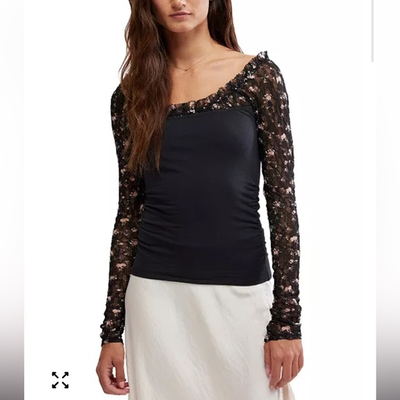 NWD Free People Josie Size L Floral Lace Sleeve Ruched Side Top - Picture 2 of 12